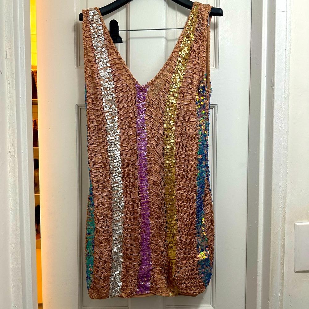 NBD Knit Dress with Multicolor Sequin Stripes - Bronze Dress - Size XS